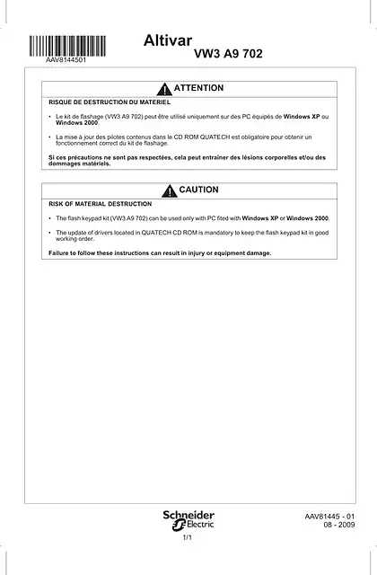 schneider施耐德Instruction sheet - Warning flashing keypad kit - VW3A9702